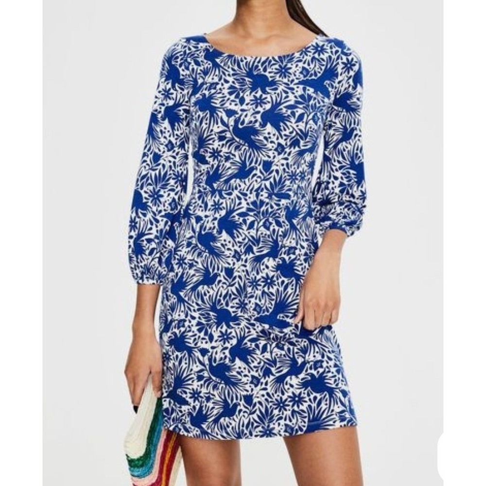Boden Lucie Jersey Blue White Bird Floral Print 3/4 Sleeve Tunic Dress Sz 6 - Picture 1 of 6
